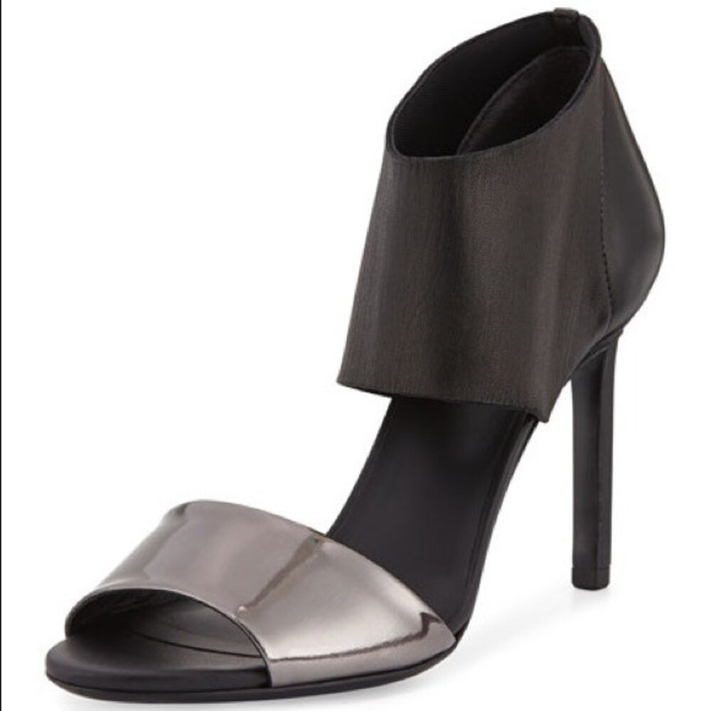STEPHANIE VINCE Black Gunmetal Leather Ankle-Cuff Sandal Stiletto